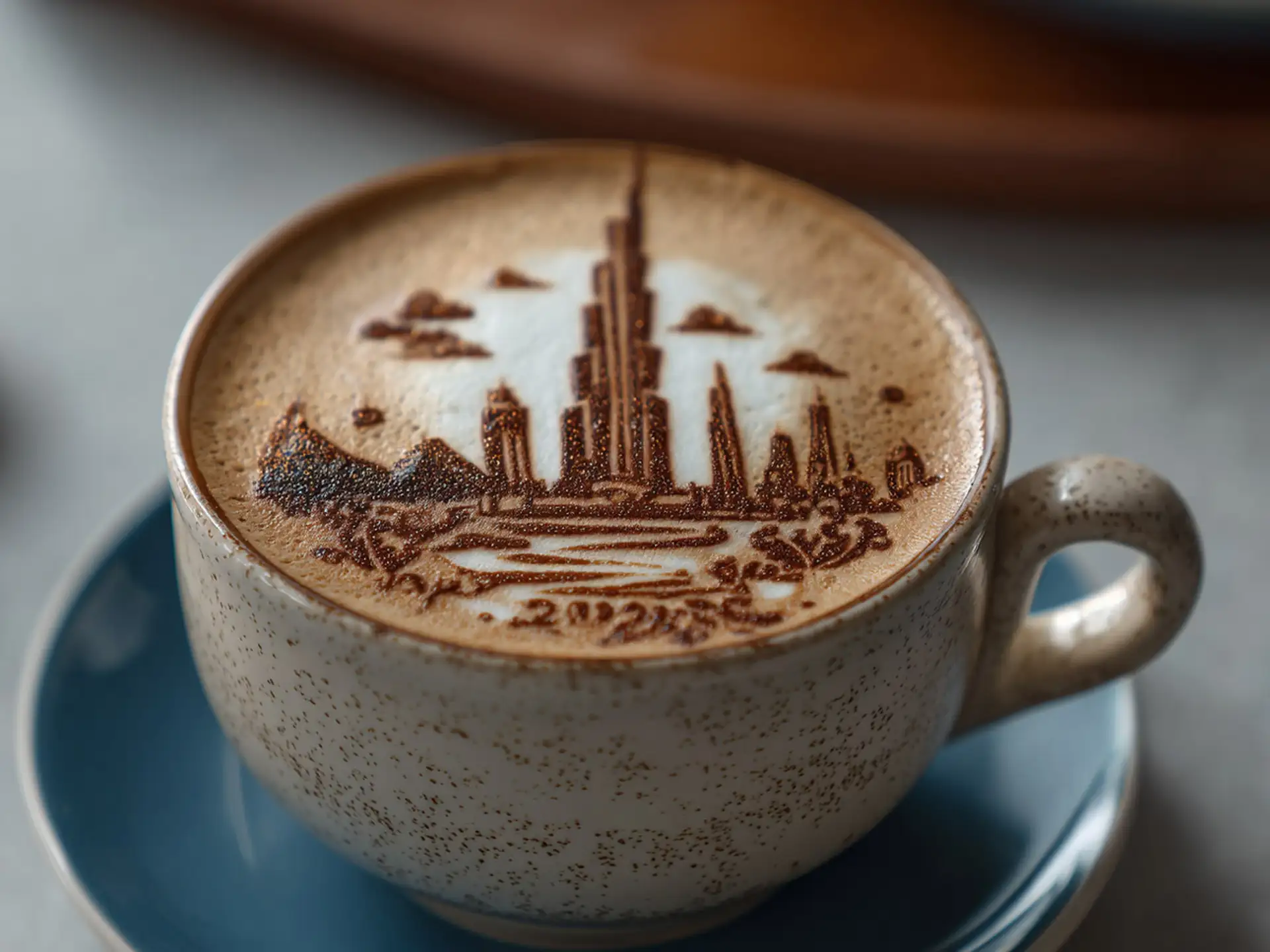 Latte art depicting a city skyline, including a tall, central tower, on a frothy coffee in a speckled cup on a blue saucer.