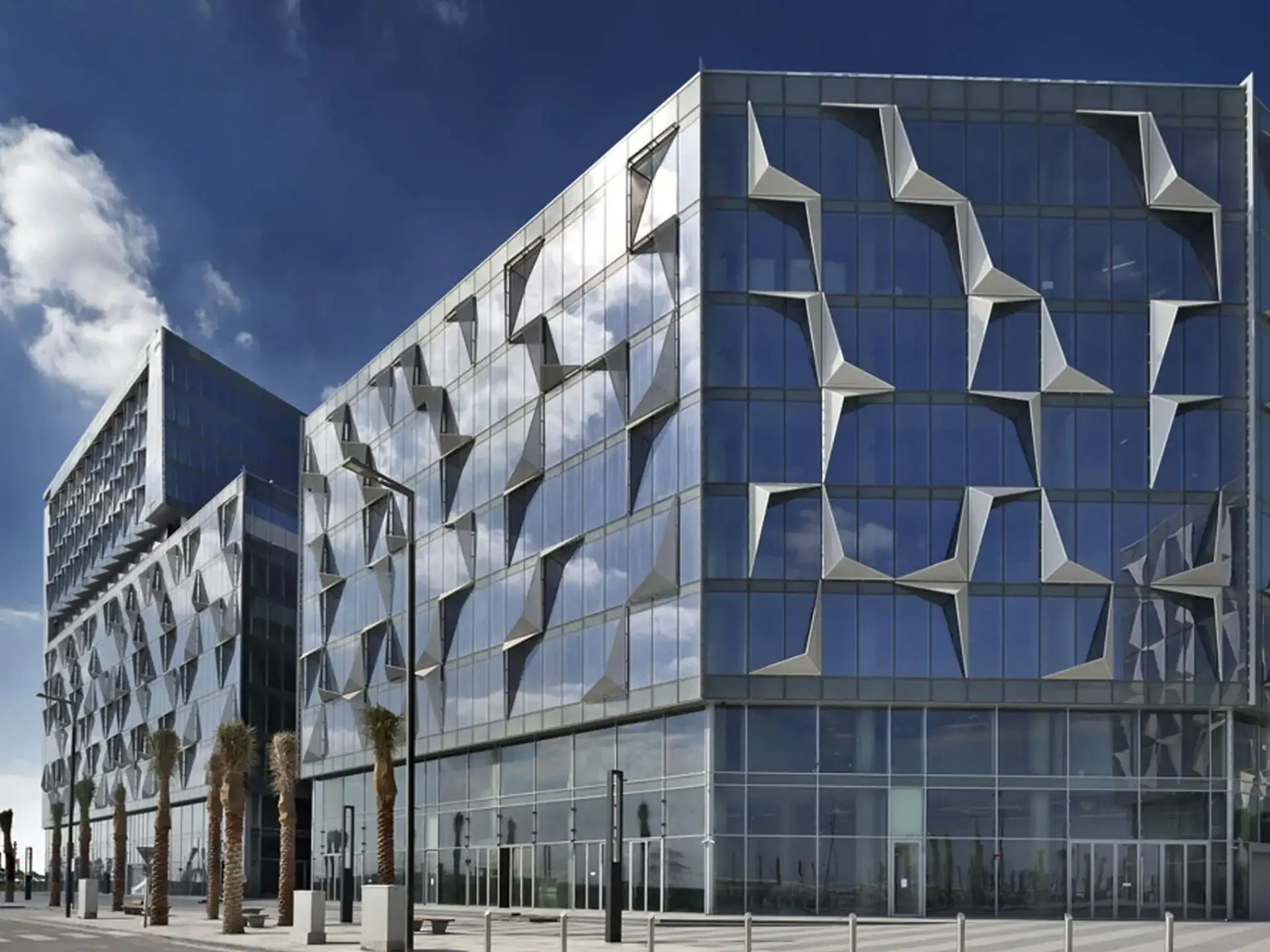 Modern building with a geometric, faceted glass facade under a clear blue sky. Palm trees line the street in front.