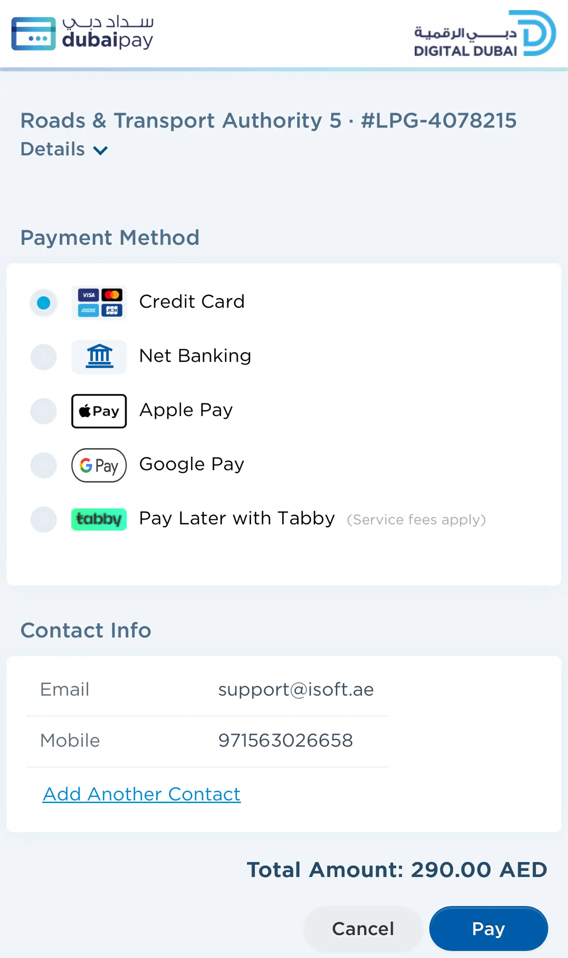 Payment portal for Roads & Transport Authority, Dubai, showing payment options like Credit Card, Net Banking, and digital wallets. Total: 290.00 AED.