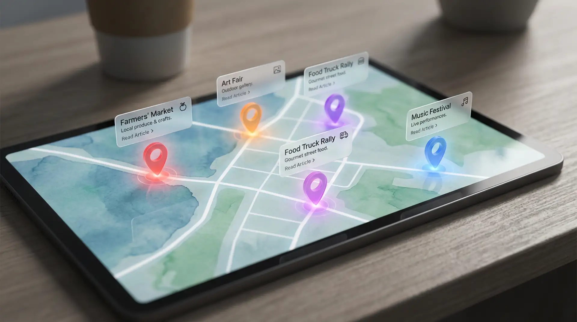 Tablet displaying a map with colorful location markers for events like a farmers market, art fair, food truck rally, and music festival.