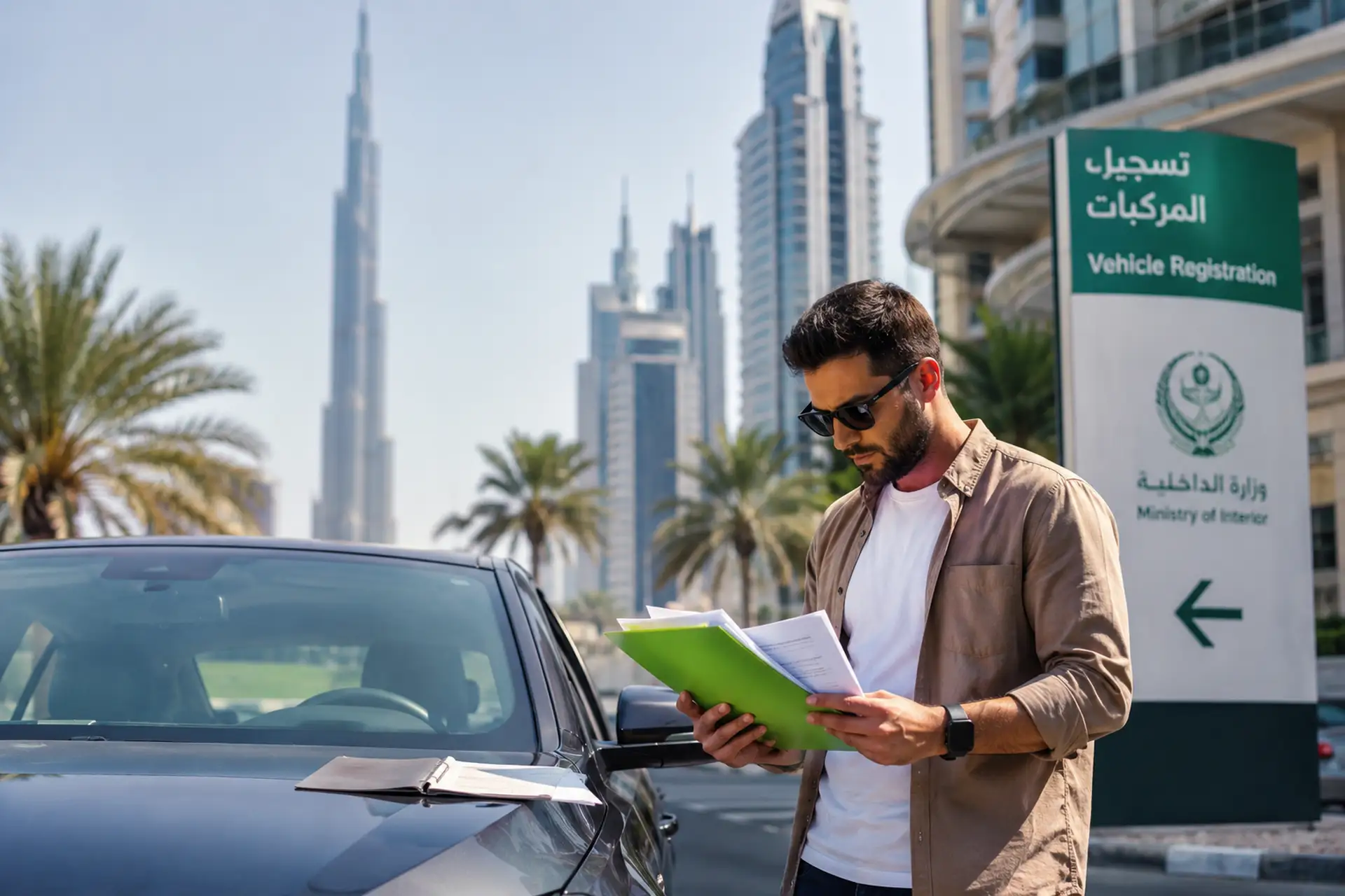 A man stands by a car, reviewing documents in front of a vehicle registration sign, with skyscrapers and palm trees in the background.