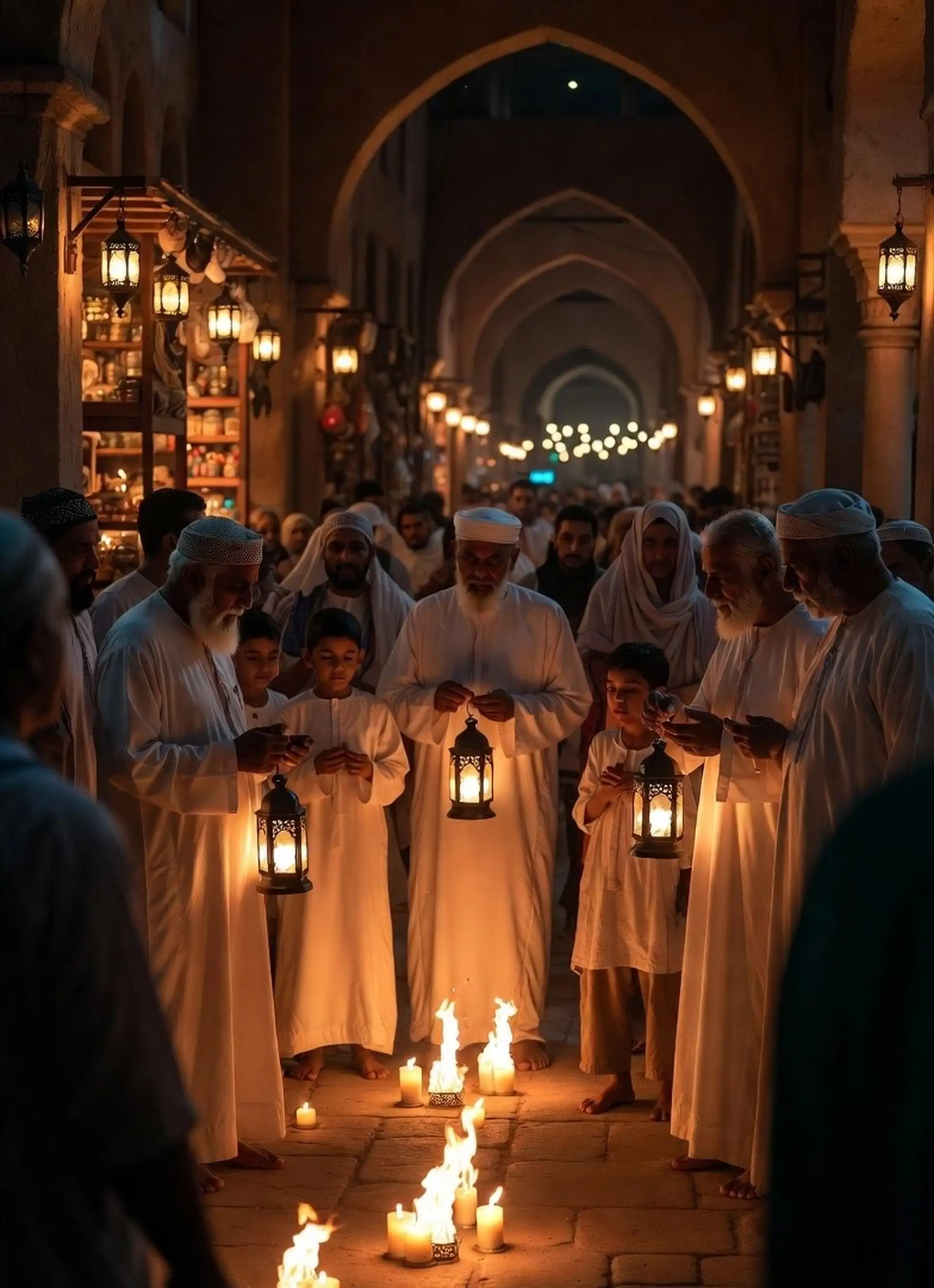 People in traditional attire, holding lanterns, gather in a dimly lit, arched market alley lined with glowing lanterns and lit candles on the ground.