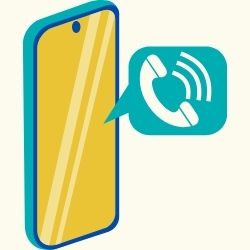 Raconte Illustration of a smartphone with a yellow screen and a blue phone call icon, featuring sound waves, on a cream background.