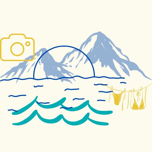 Profite Illustration of mountains, waves, and a rising sun with a yellow camera icon and a clothesline holding swimsuits.