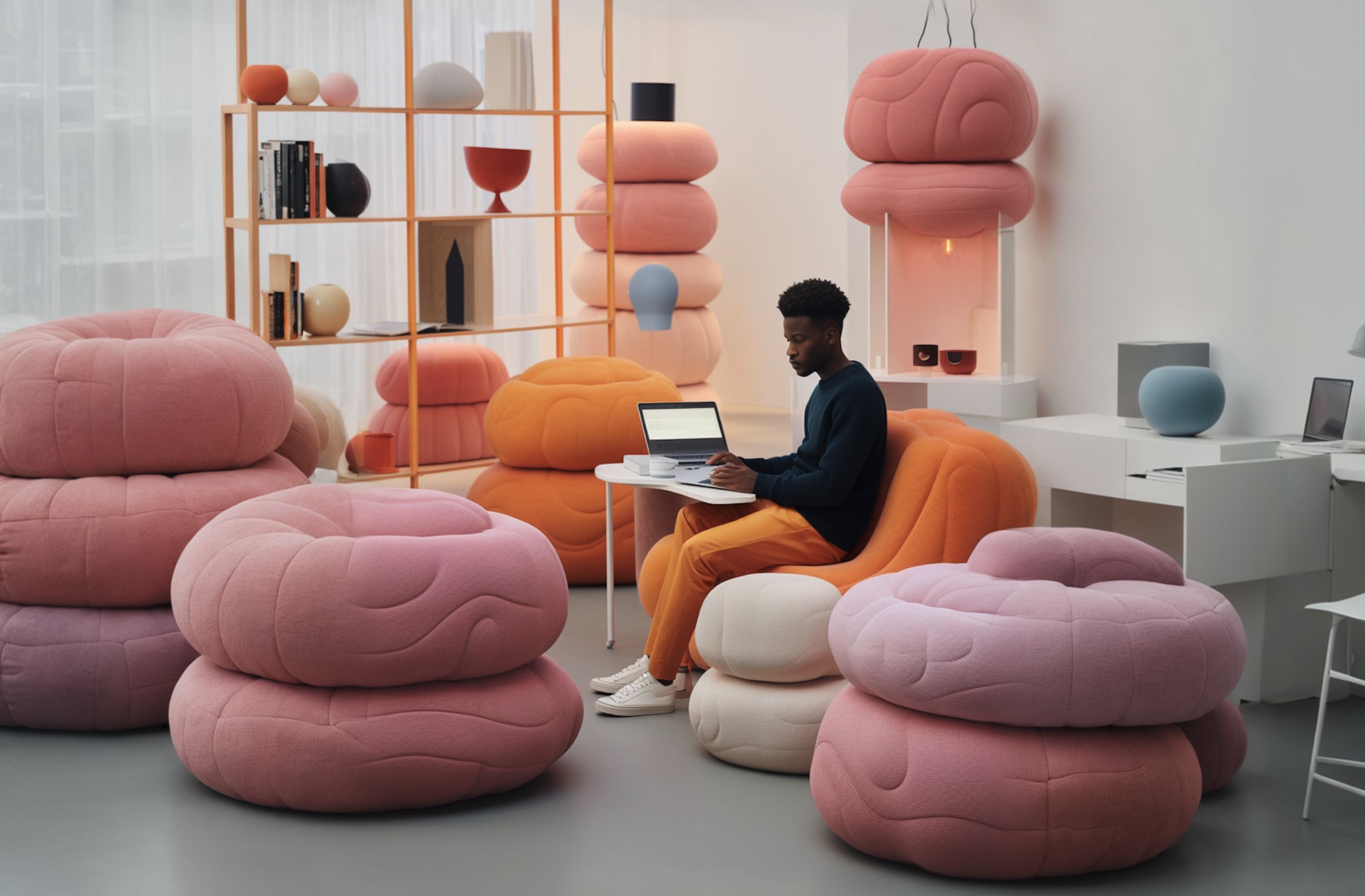 An office landscape filled with enormous pink, donut-shaped pillows. Among the pillows, a man sits at a tiny desk, making hand gestures. Next to him is an open laptop, which he is not using.