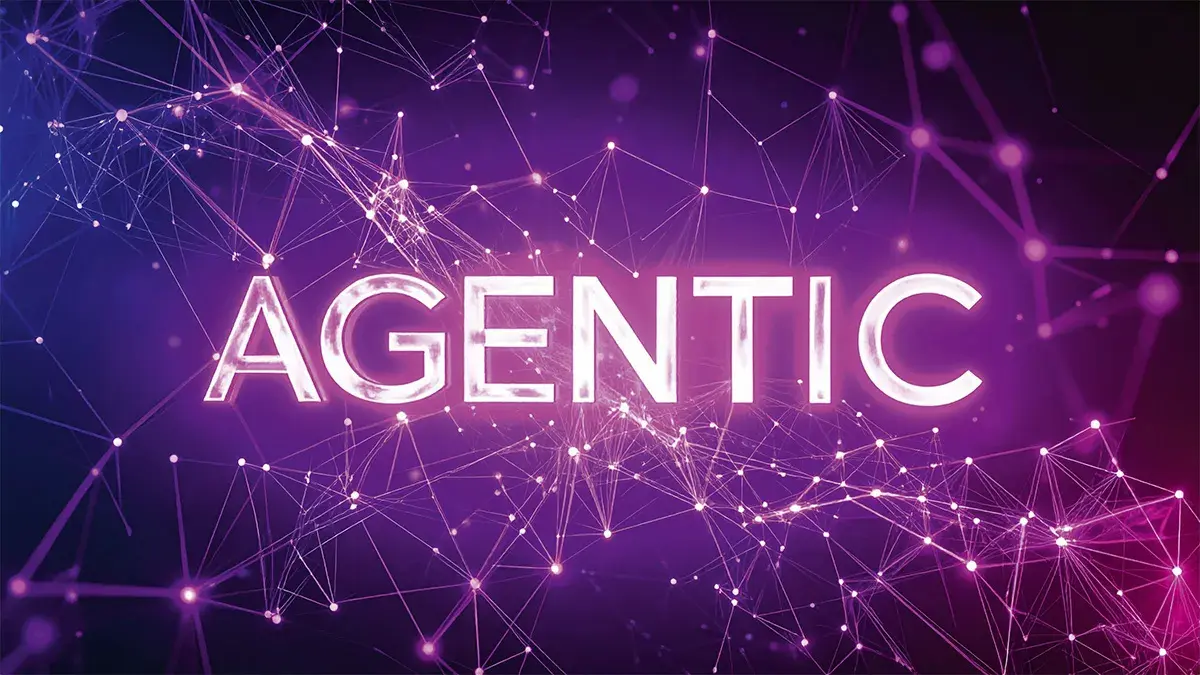 The word "AGENTIC" in bright, glowing letters on a purple background with interconnected network lines and dots.