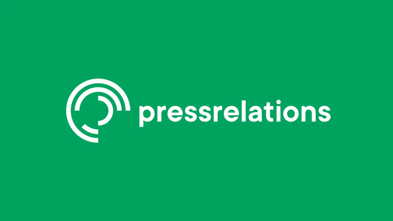 White pressrelations logo on green background, featuring a stylized circular design.