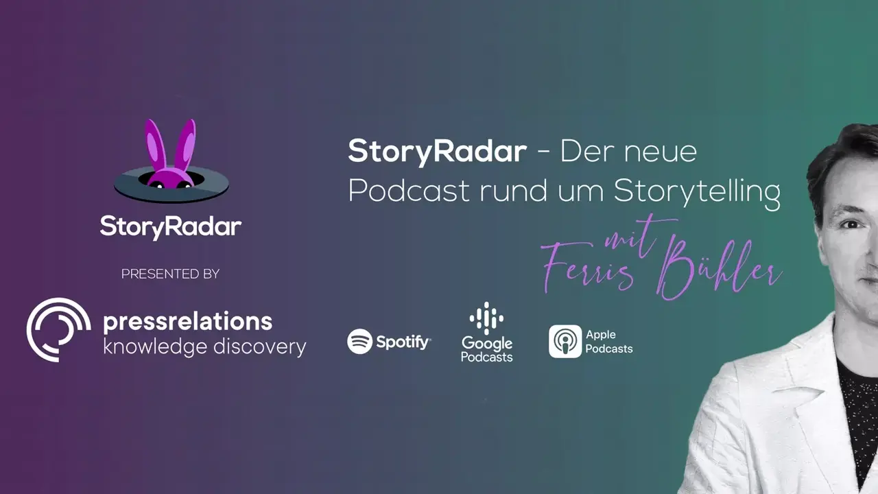 Buntes Banner des StoryRadar-Podcasts über Storytelling, präsentiert von pressrelations, verfügbar auf Spotify, Google und Apple Podcasts.