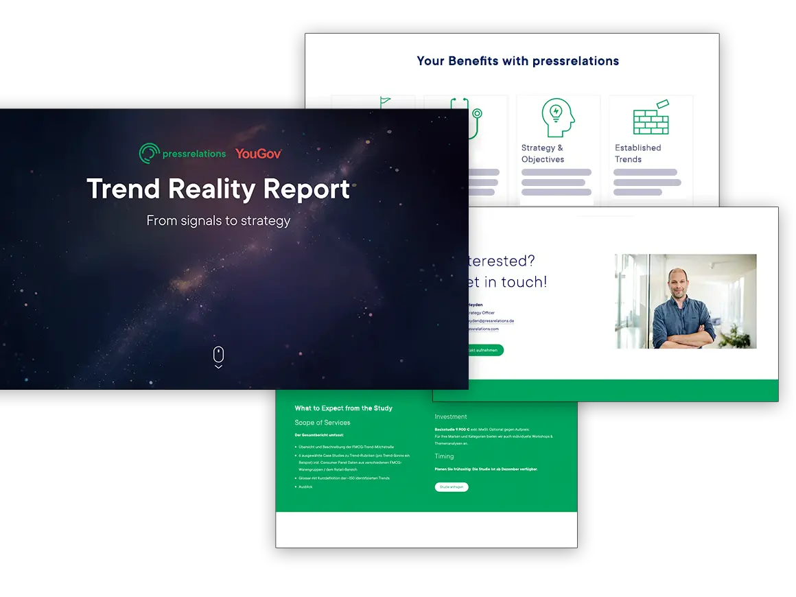 Drei Bildschirme mit dem "Trend Reality Report" von pressrelations und YouGov, Strategien und Kontaktinformationen.