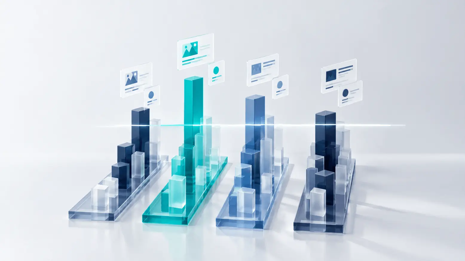 Transparente 3D-Balkendiagramme mit schwebenden Infokarten, dargestellt in verschiedenen Blautönen auf weißem Hintergrund.