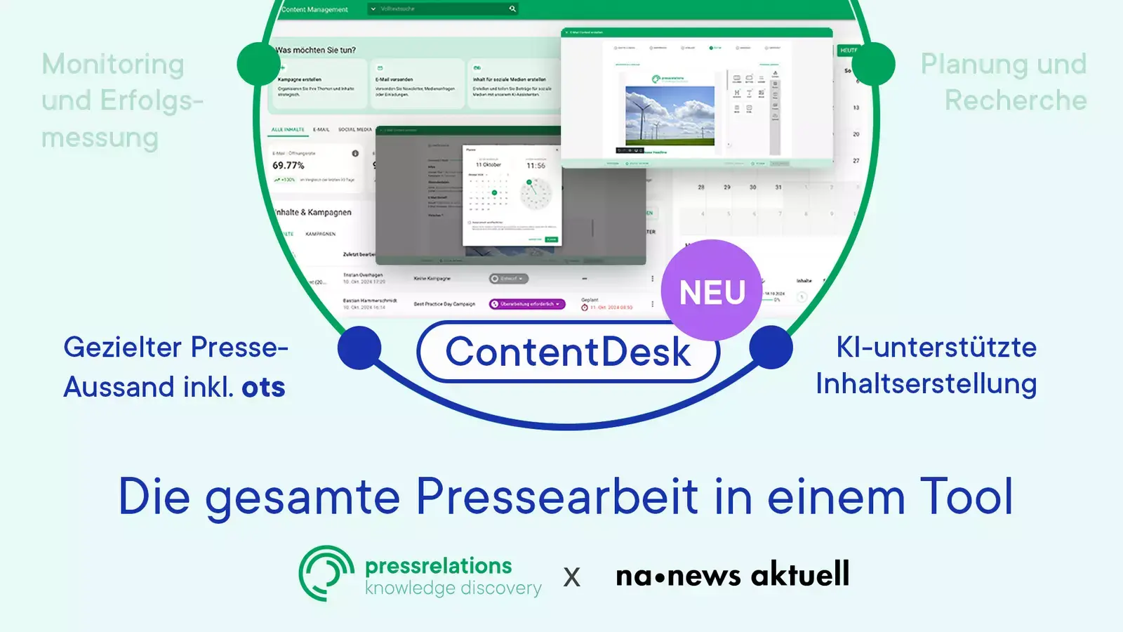 Grafik zu ContentDesk: Pressearbeit in einem Tool – mit Medienmonitoring, Erfolgsmessung, Recherche, Presseversand inklusive ots und KI-gestützter Inhaltserstellung.