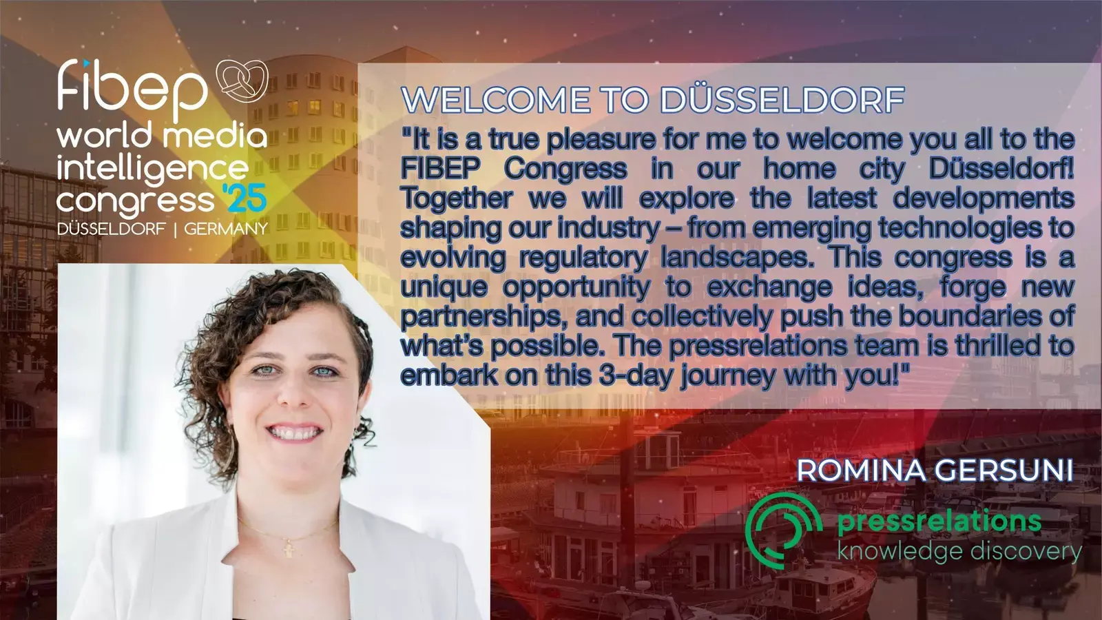 A person smiling in front of a FIBEP World Media Intelligence Congress '25 banner in Düsseldorf, Germany, with a welcome message.