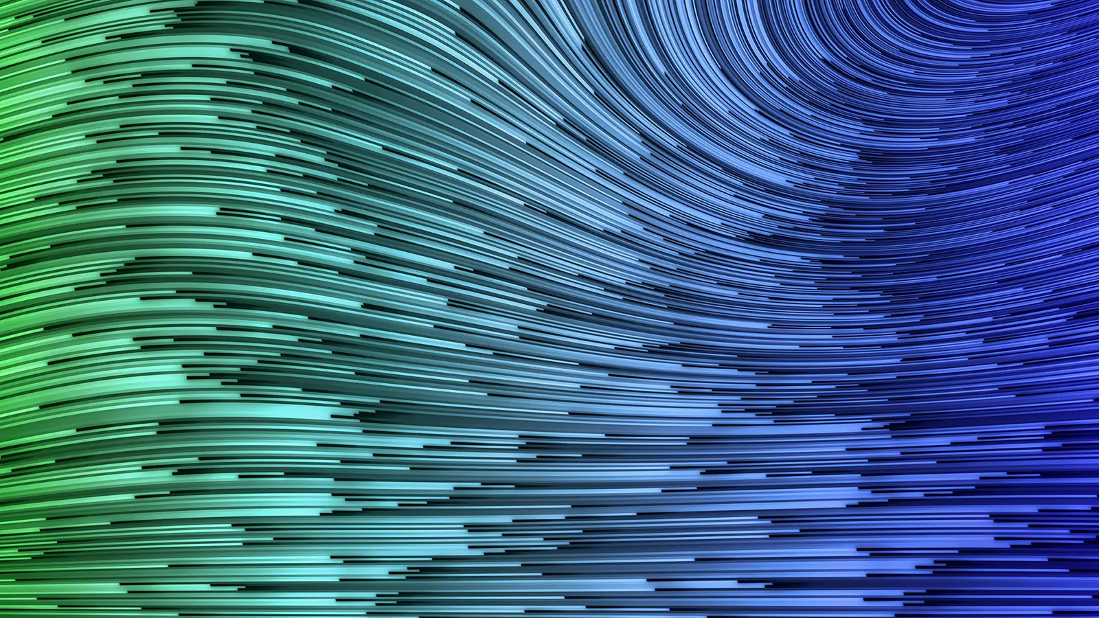 Abstrakte Grafik mit geschwungenen Linien in Grün- und Blautönen, die Bewegung und Fluss darstellen.