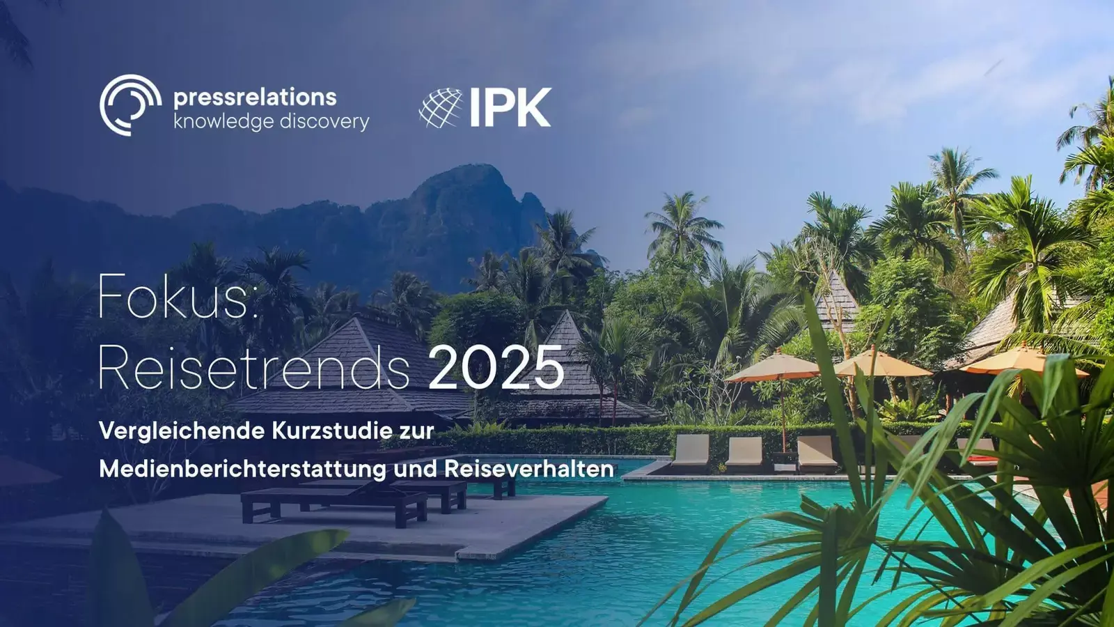 Tropical resort scene with a pool, palm trees, and huts under a clear blue sky. Text discusses travel trends for 2025 in German.
