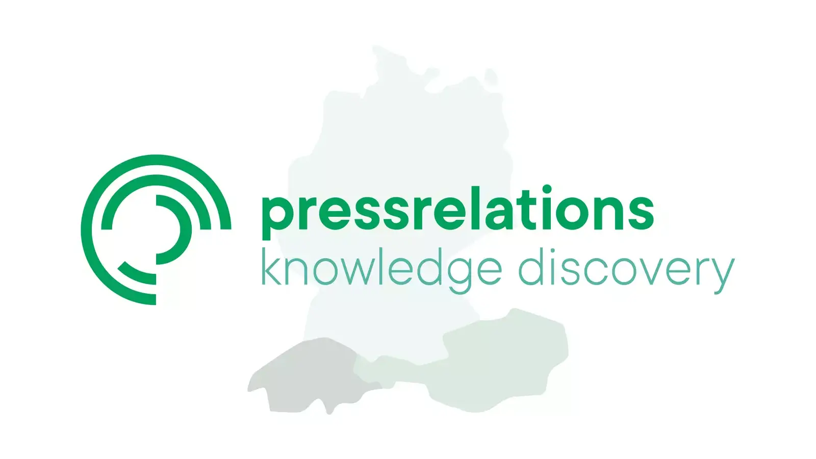 Logo von pressrelations mit grünem Symbol und Text "knowledge discovery" vor einem grauen Umriss von Deutschland, Österreich und Schweiz