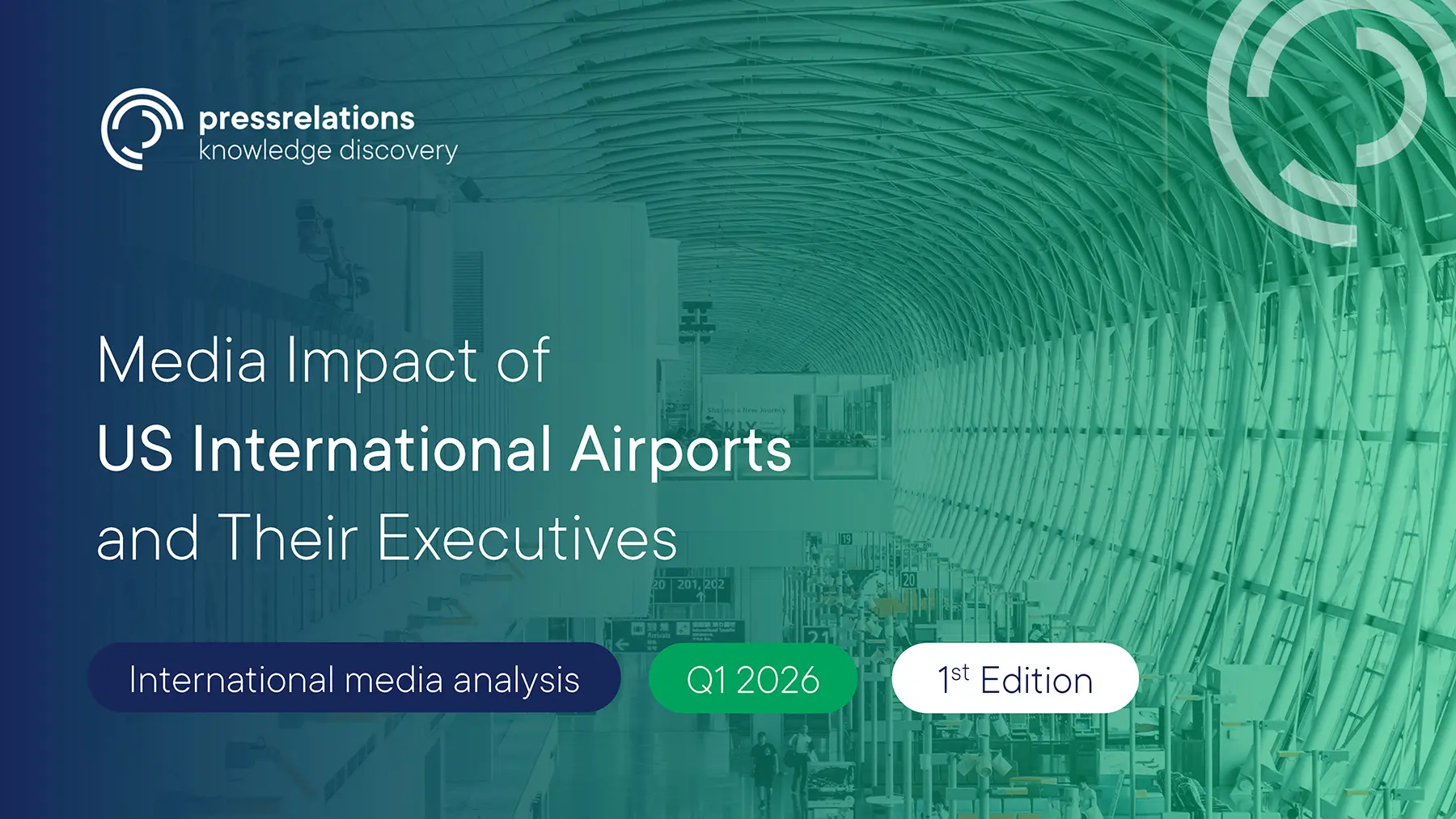 Report cover featuring "Media Impact of US International Airports and Their Executives," by pressrelations, with Q1 2026 and 1st Edition labels.