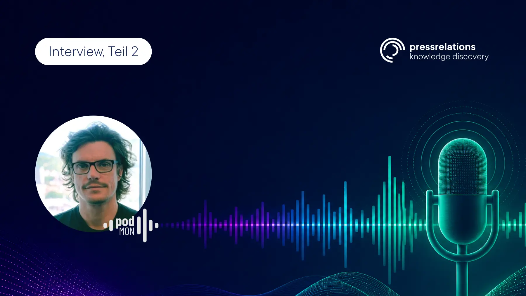 Podcast graphic showing a microphone, audio waveforms, and a person's photo labeled "Interview, Teil 2."