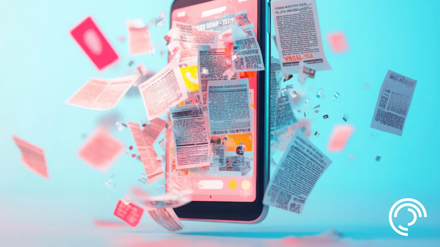 A smartphone displays numerous floating news articles, symbolizing digital media monitoring and analysis.