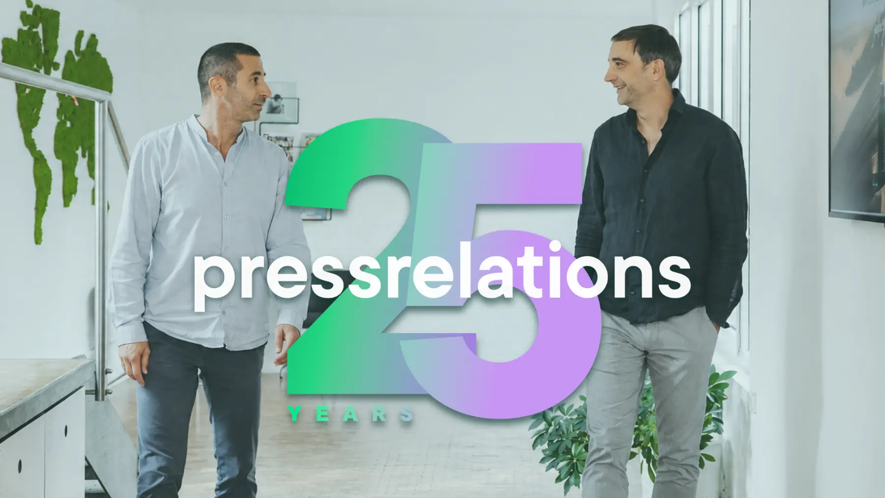 Two people walking in a bright office, overlayed with a colorful "25 years pressrelations" graphic.