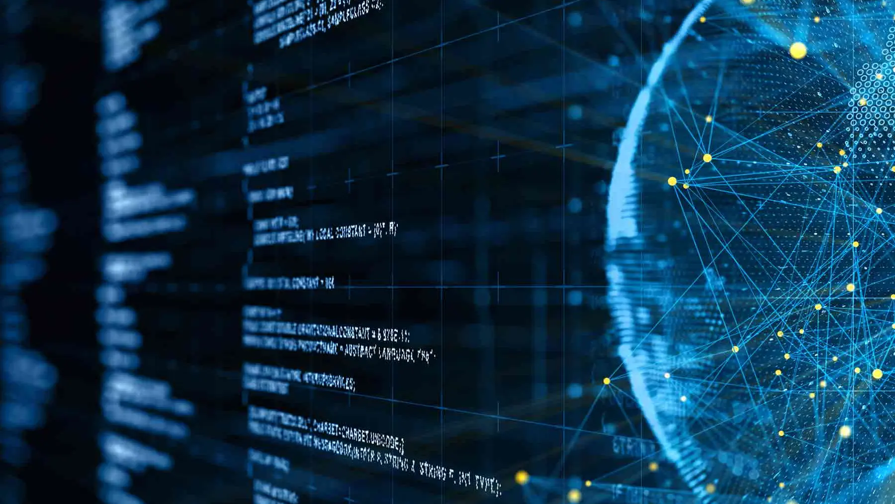 Abstrakte digitale Darstellung von Datenverarbeitung mit Codezeilen und einem vernetzten globalen Netzwerk auf blauem Hintergrund.
