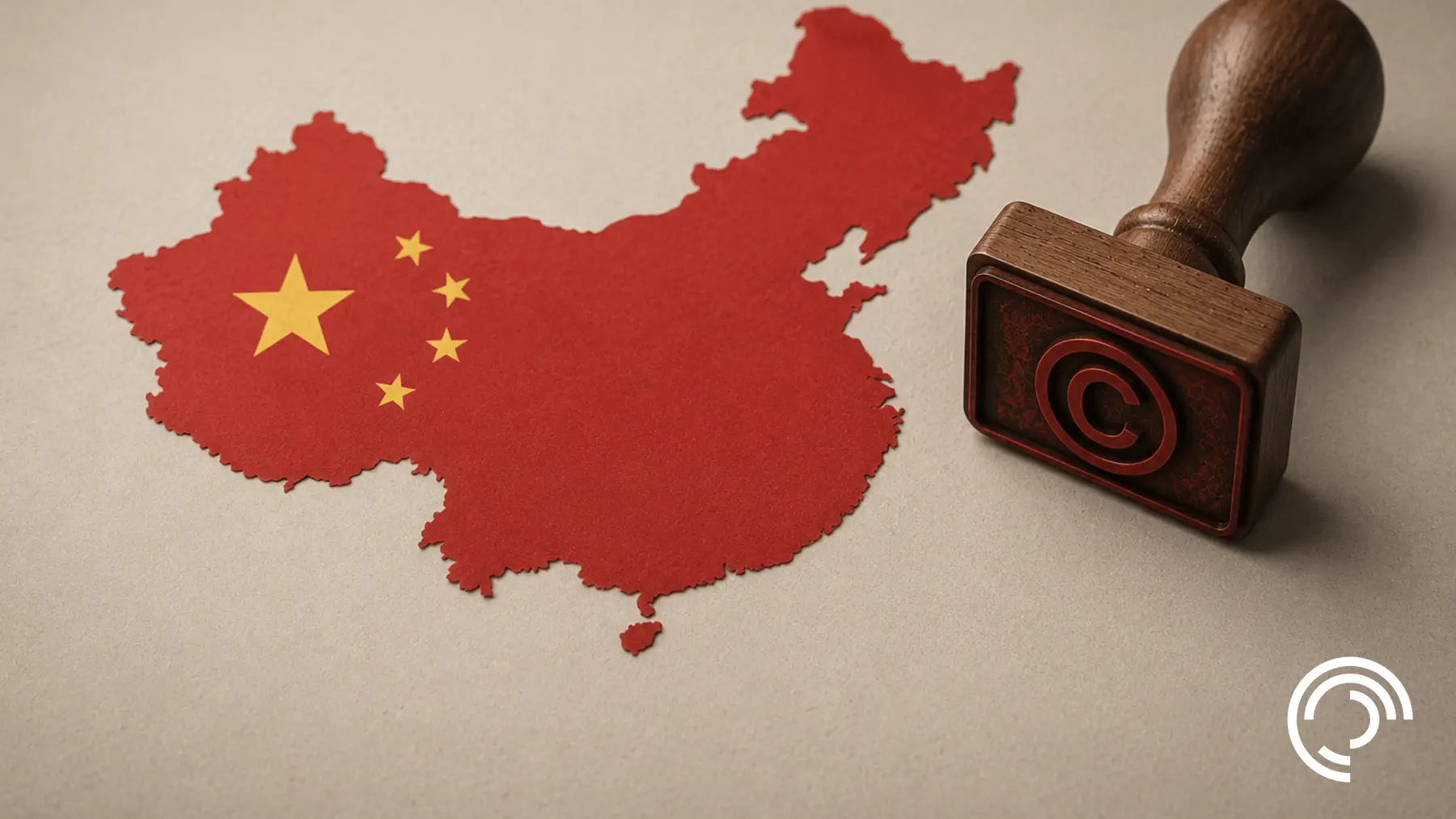 A red map of China with a copyright stamp beside it on a textured background.