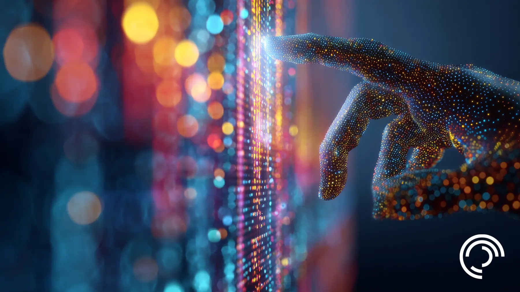 A digital hand composed of multicolored dots touches a vibrant, illuminated screen, symbolizing technology and innovation.