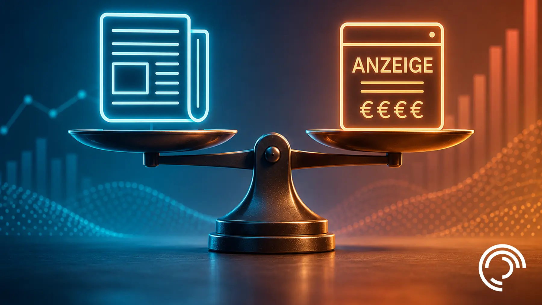 A scale balancing a glowing newspaper icon on the left and an advertising icon with the word "ANZEIGE" on the right, against a digital background.