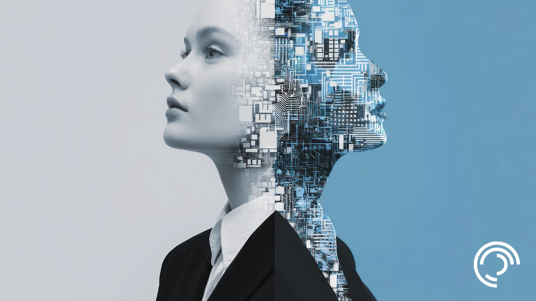 A face divided, half human and half digital circuit pattern, symbolizing the fusion of human and technology.