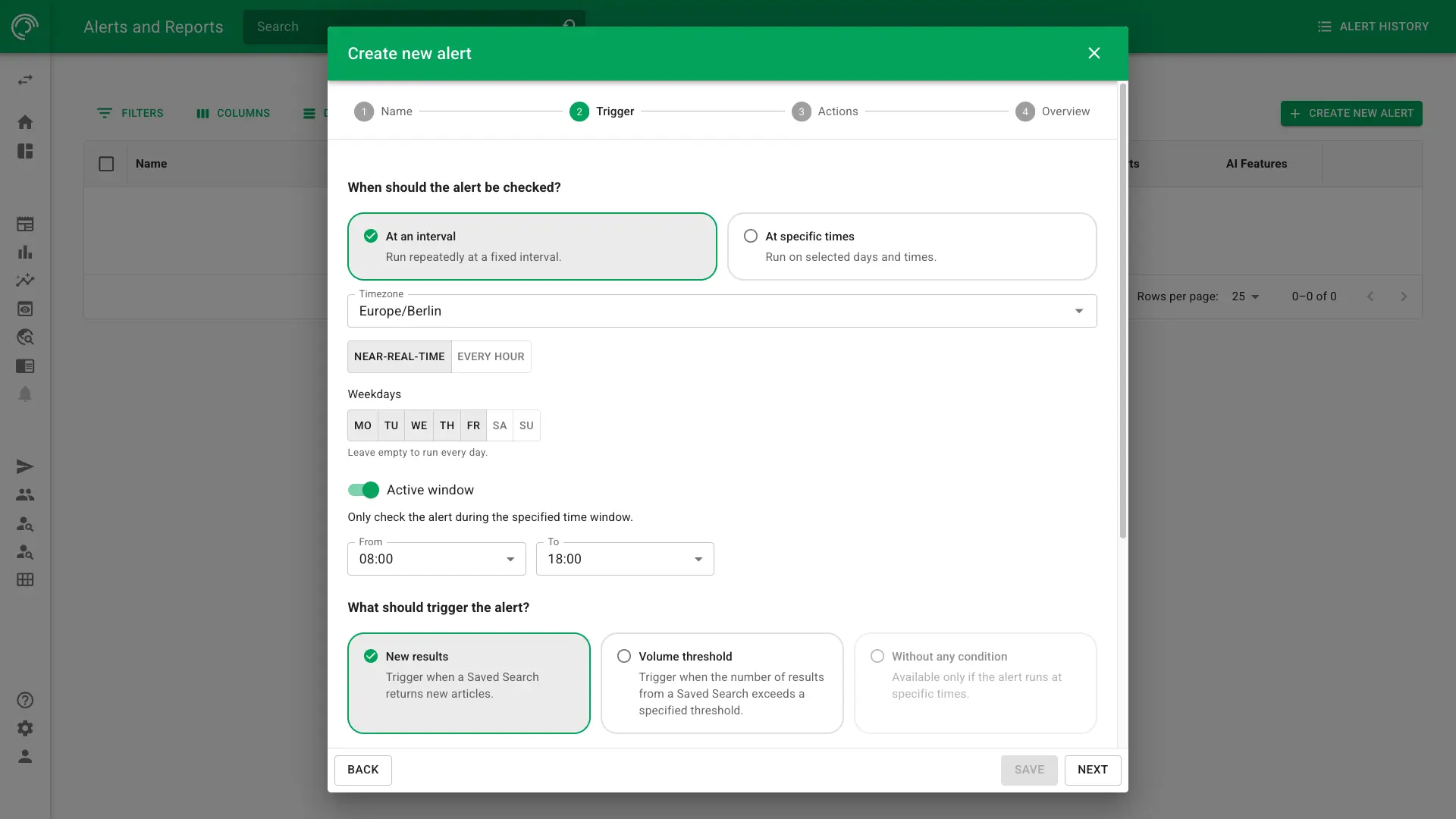 Screenshot of alert setup in NewsRadar