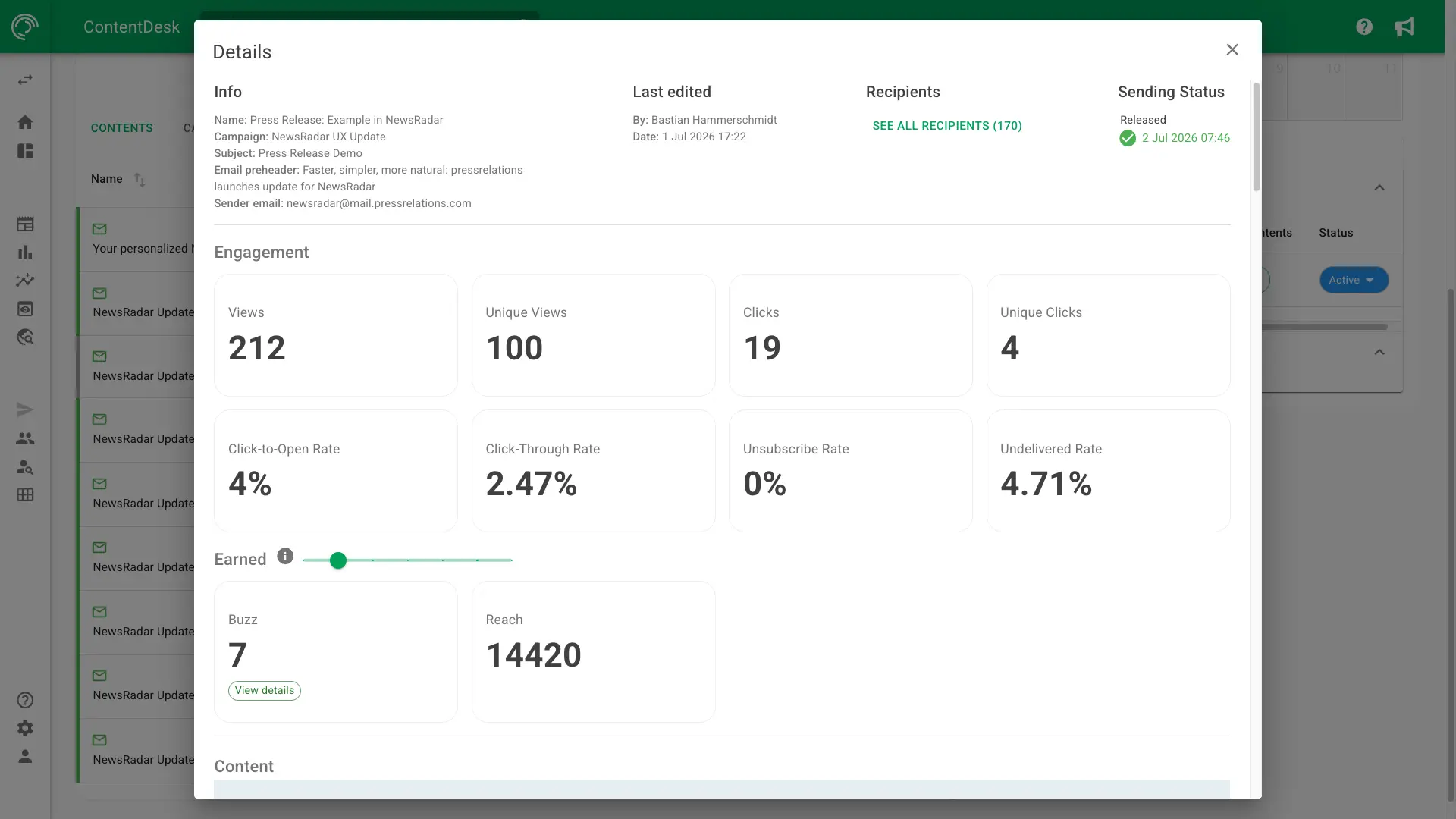 Screenshot of owned and earned media KPIs in NewsRadar journalist outreach