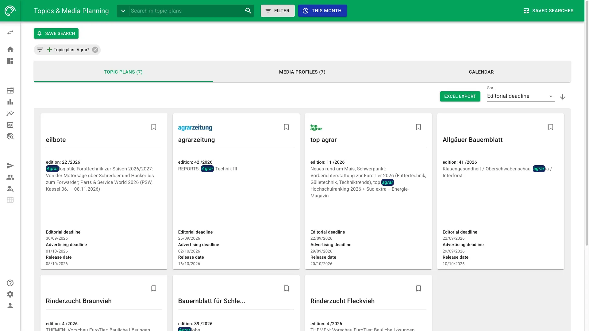 Screenshot of Themax topic planning in NewsRadar showing topic plans