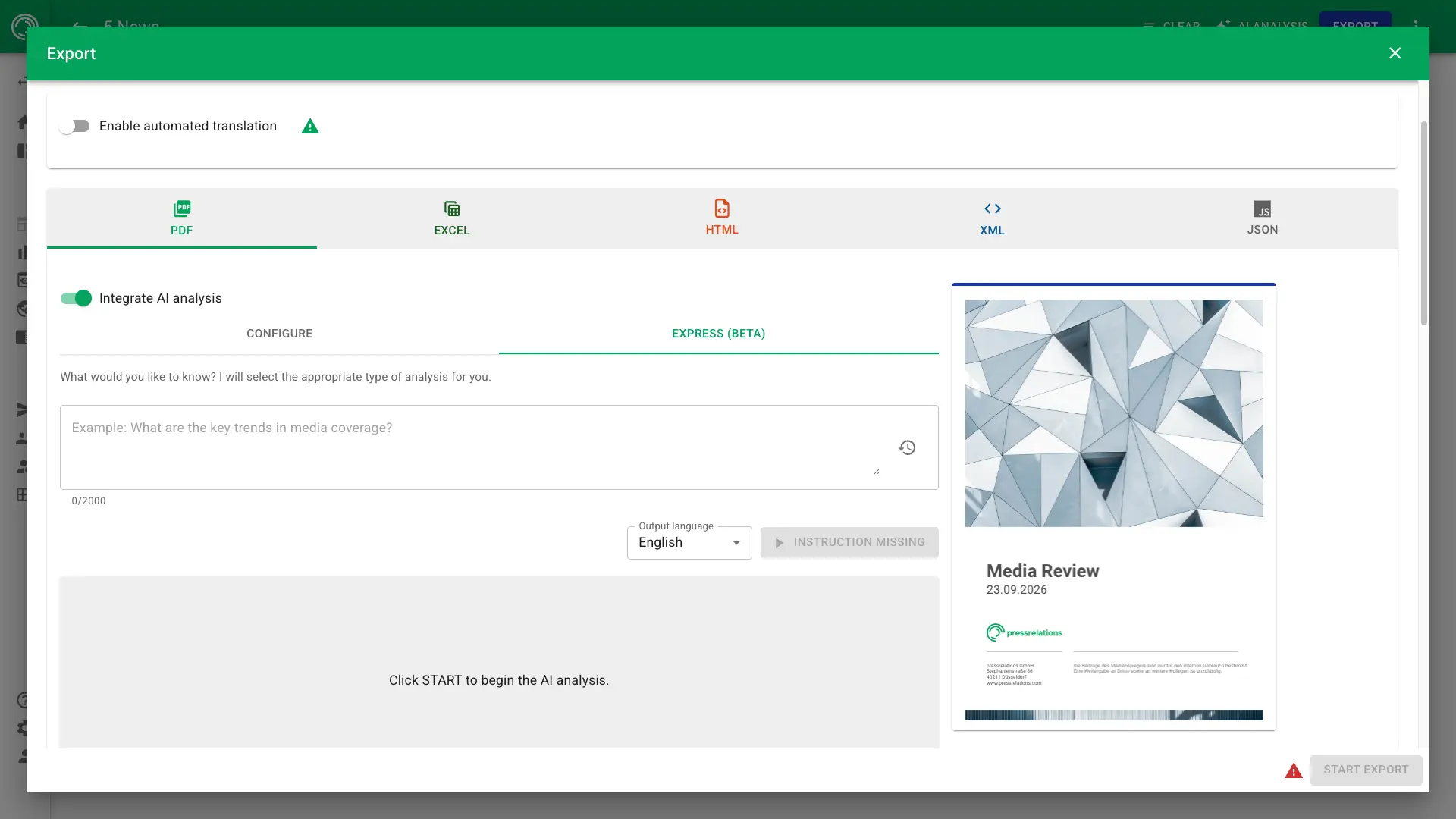 Screenshot of media review export in NewsRadar