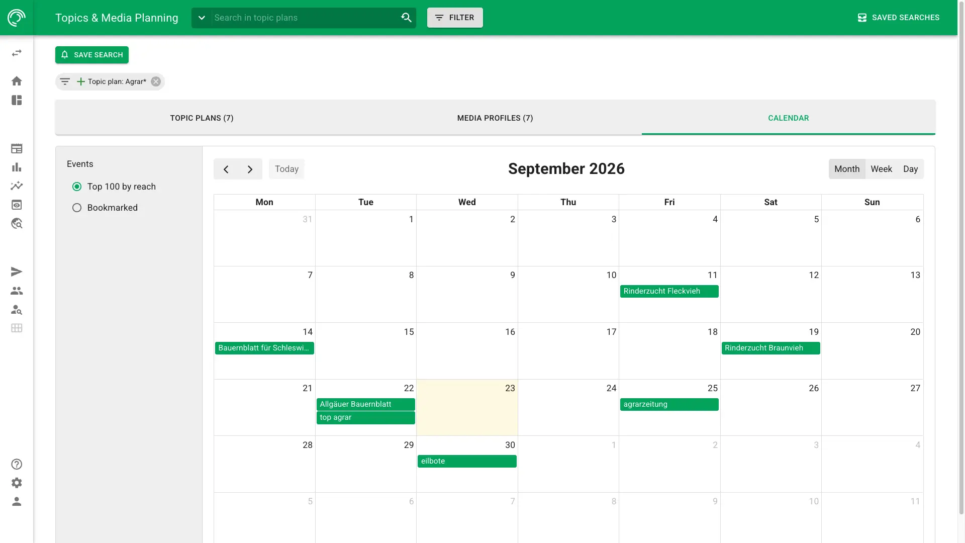 Screenshot of Themax topic planning in NewsRadar with a calendar view