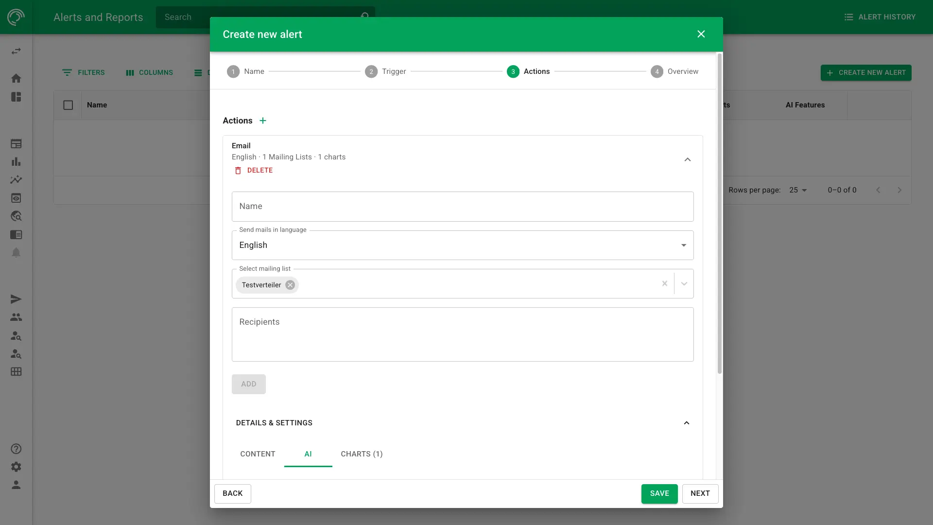 Screenshot of action setup for alerts in NewsRadar