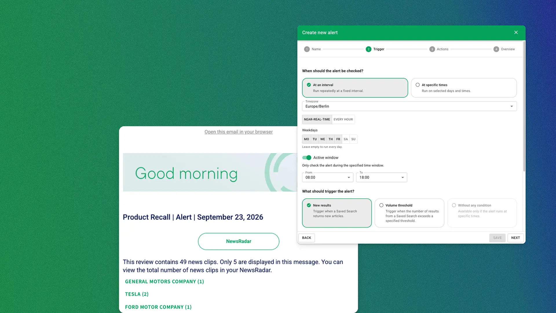 Two screenshots of alerts in NewsRadar