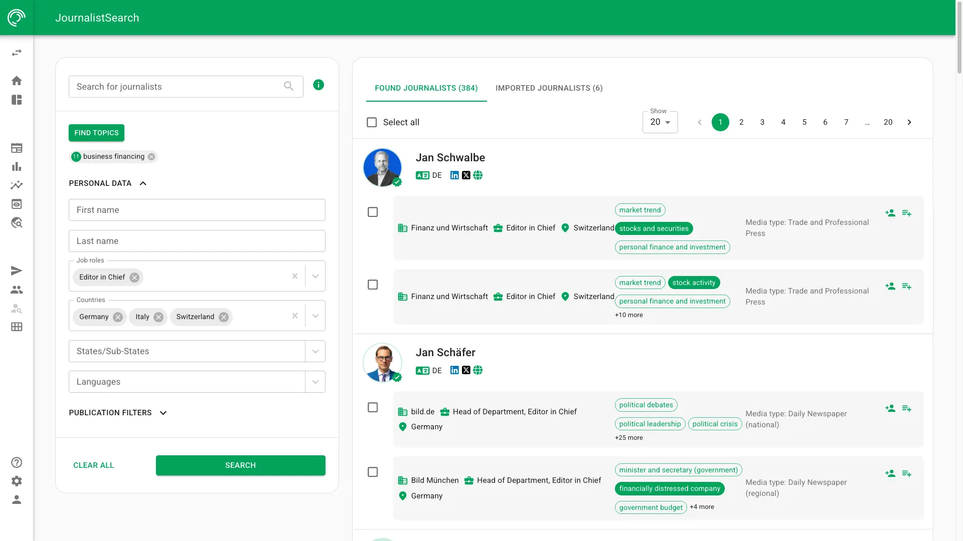 Screenshot of journalist search in NewsRadar