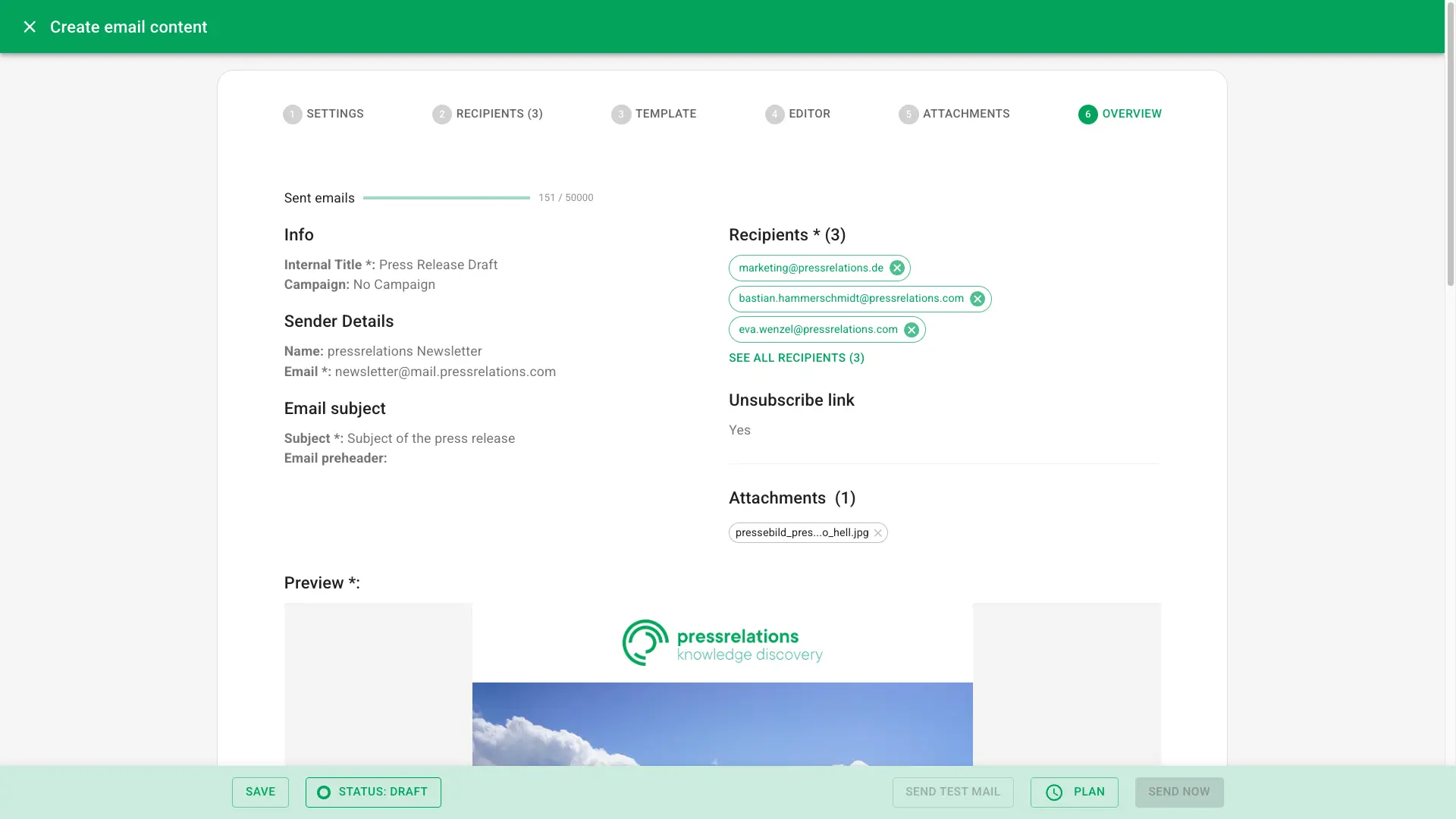 Screenshot of a press release overview in NewsRadar journalist outreach