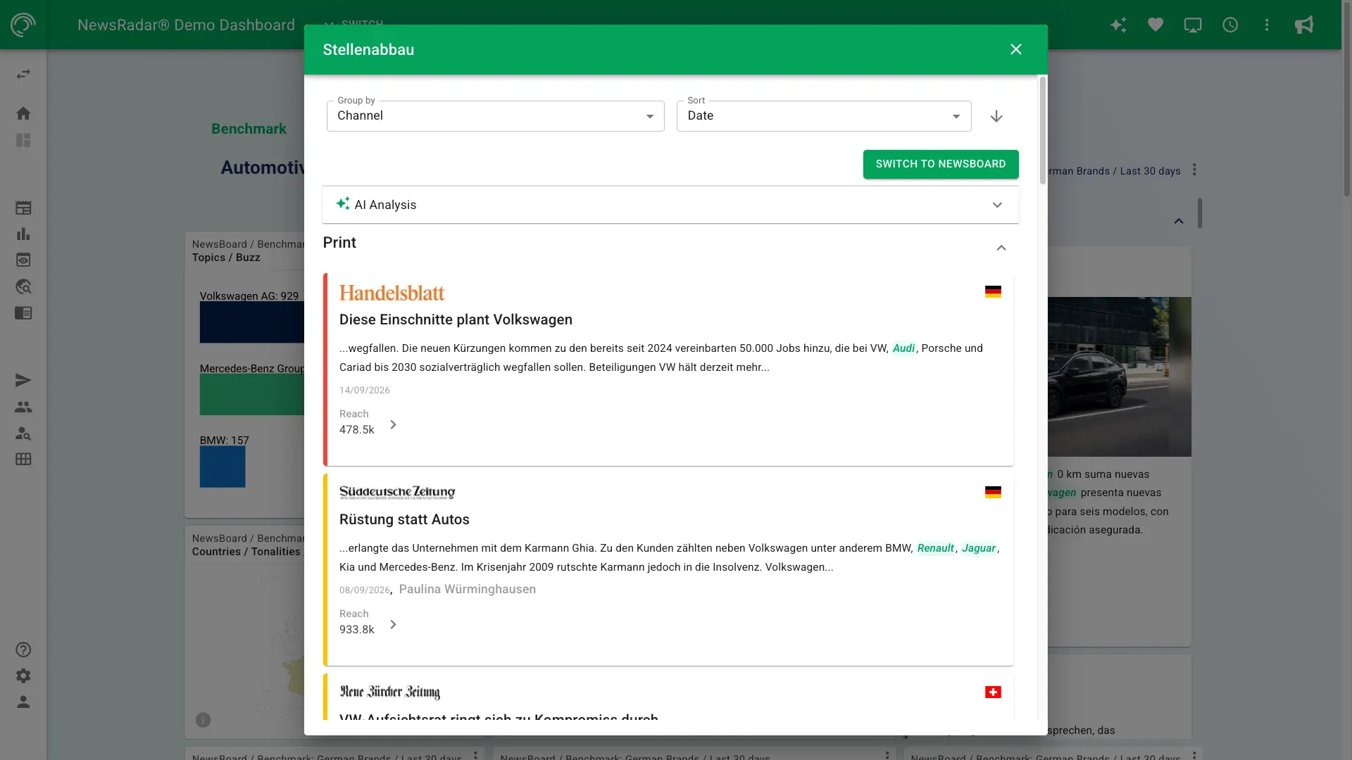 Screenshot of a detail view of a chart in NewsRadar