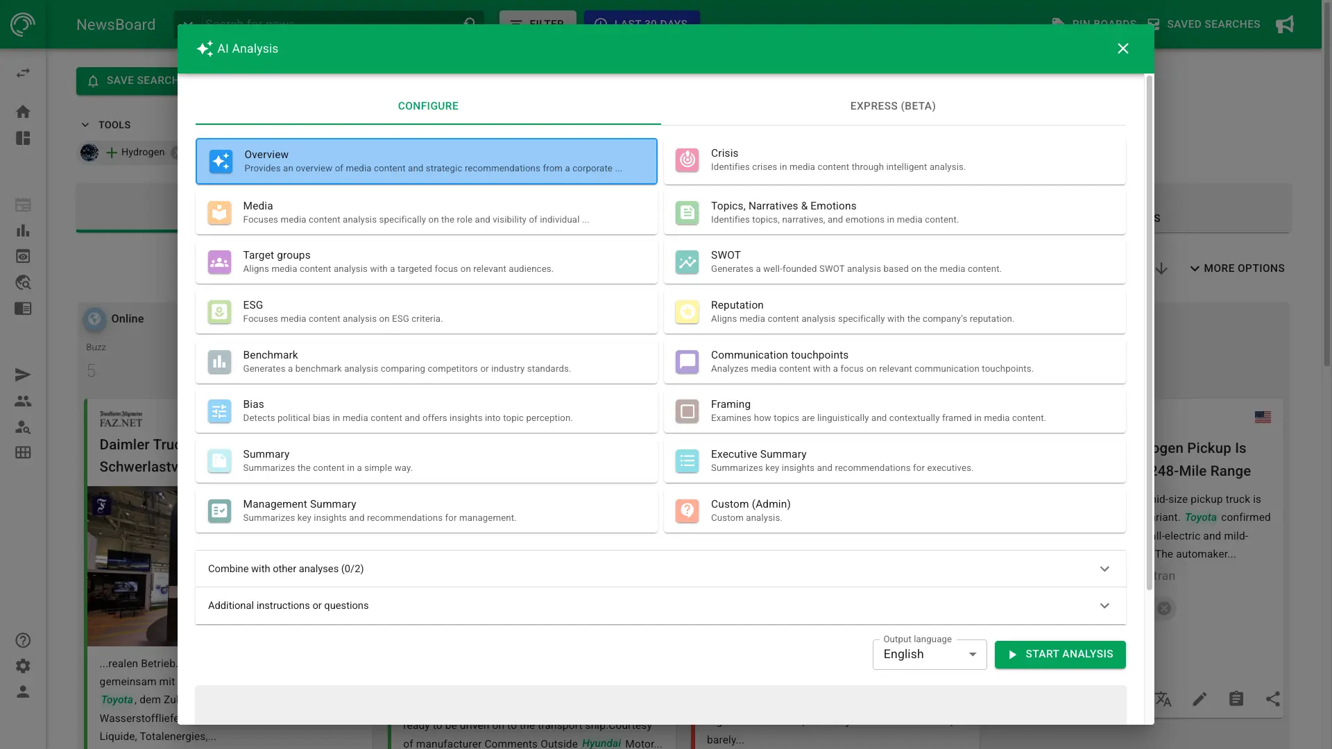 Screenshot of AI analysis of media coverage in NewsRadar