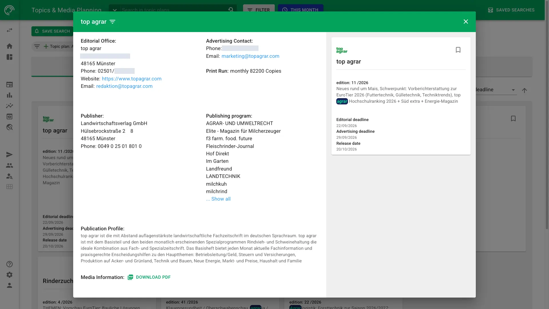 Screenshot of Themax topic planning in NewsRadar with a detail view of a media