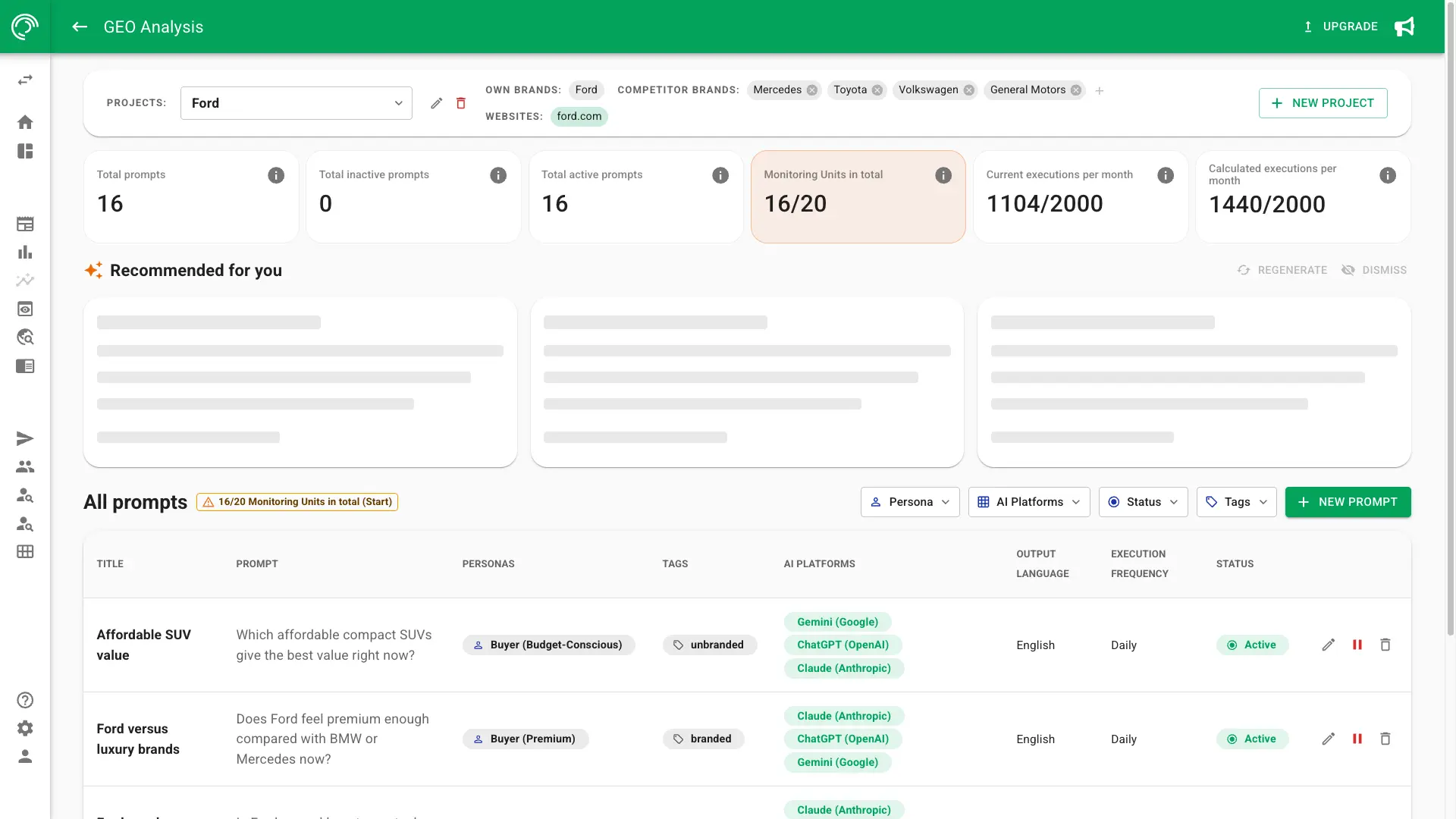 Screenshot of GEO monitoring prompt library