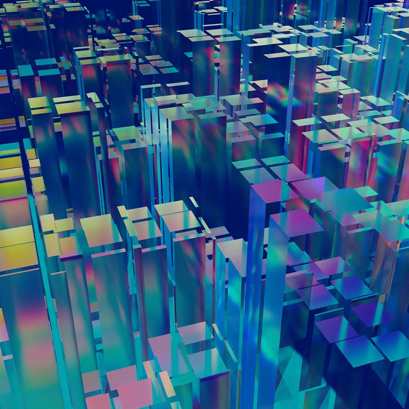 Bunte, abstrakte 3D-Darstellung von transparenten Würfeln und Säulen in verschiedenen Höhen und Farben.