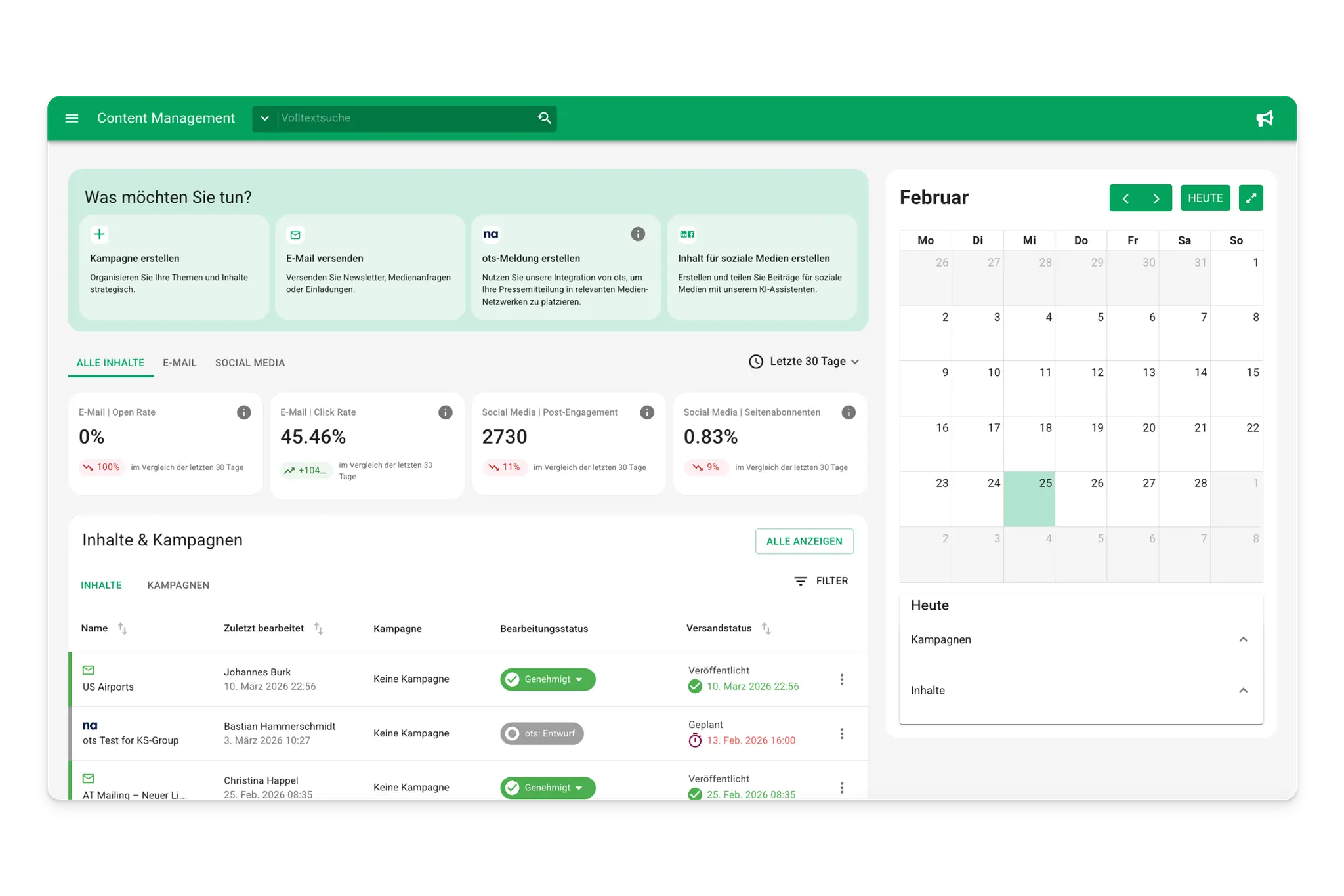 Content management dashboard showing email stats.
