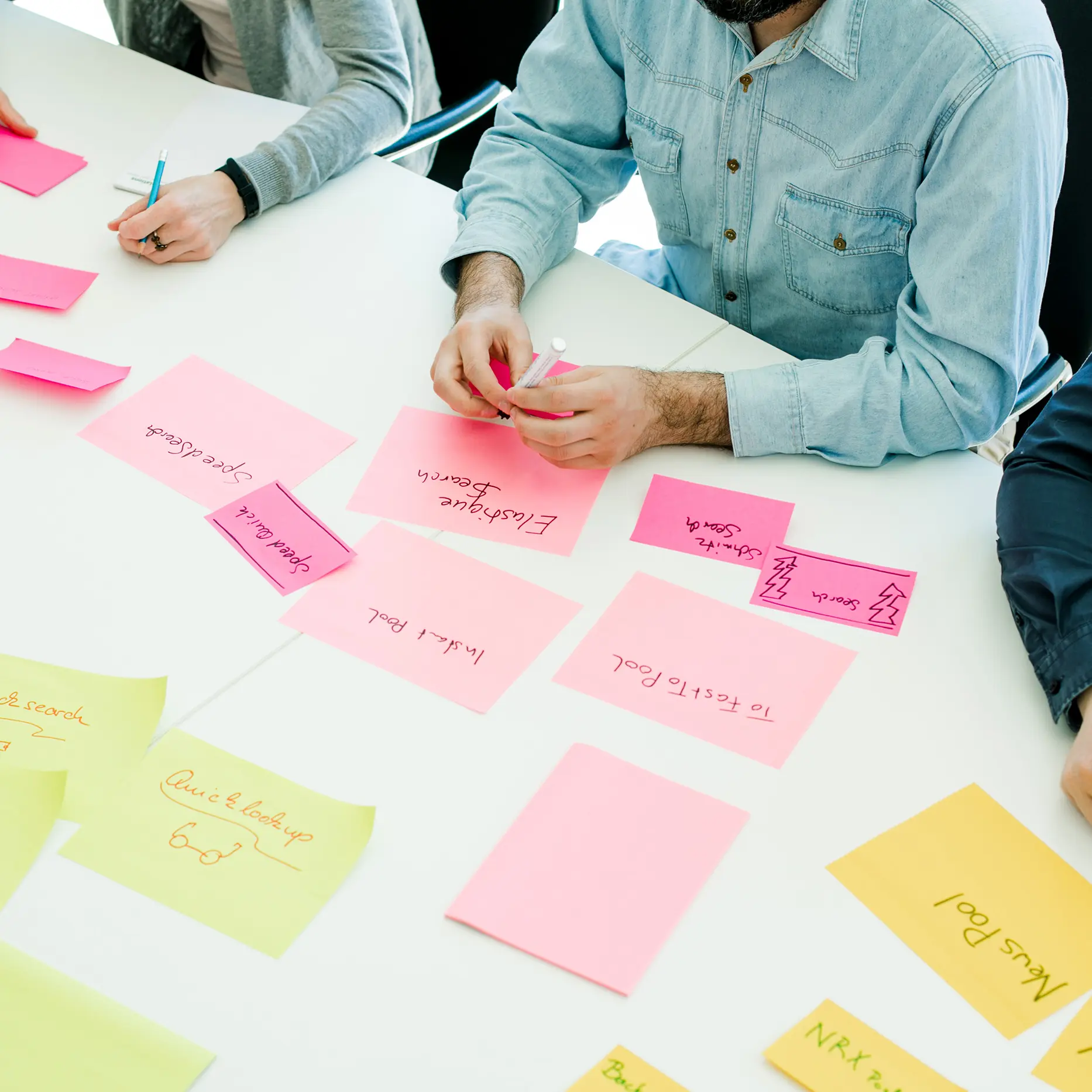 Ein Kommunikationsteam ordnet Post-Its auf einem Tisch in einem gemeinsamen Workshop
