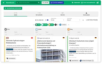 Dashboard interface displaying news articles from various sources.