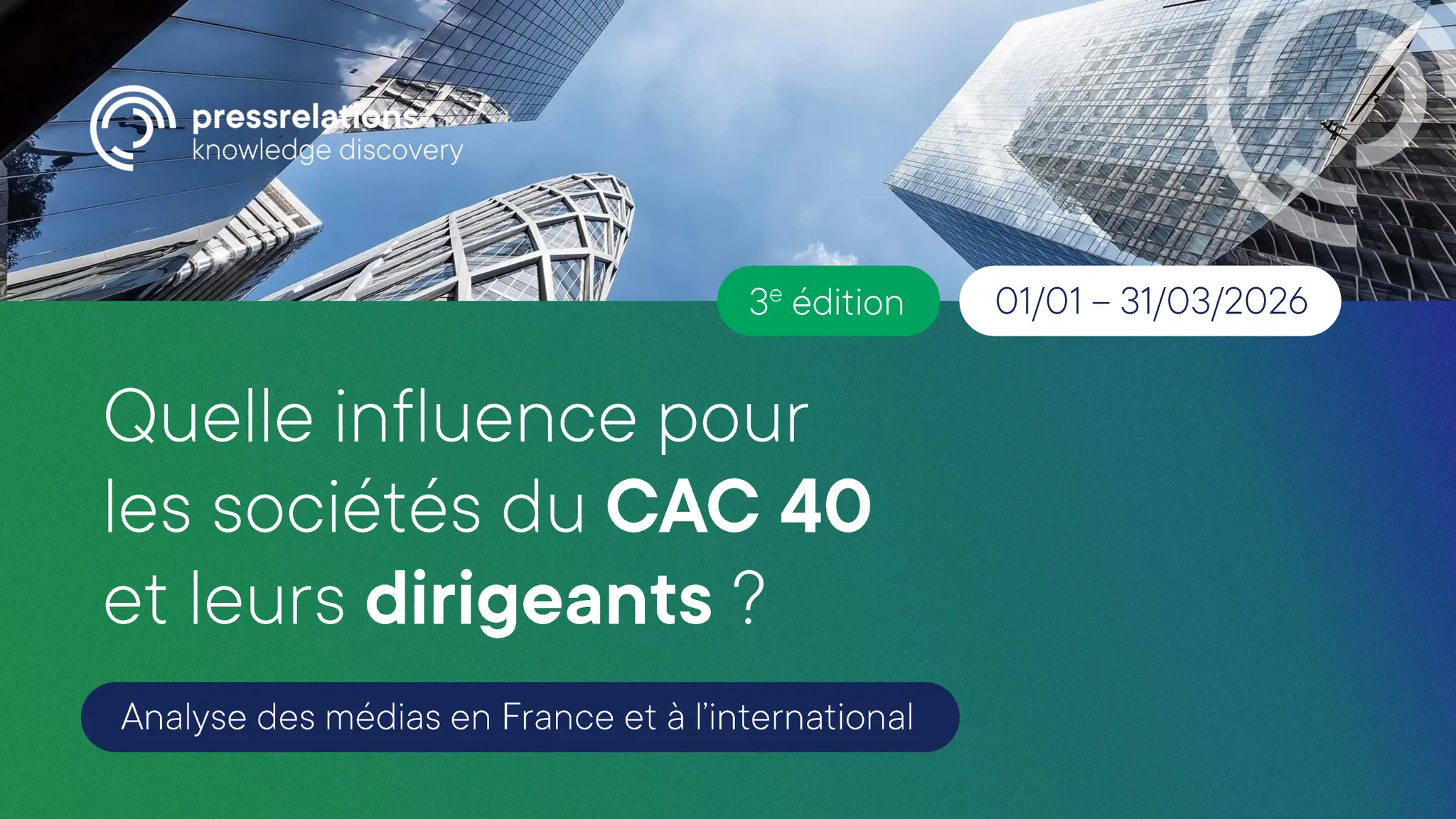 Graphique illustrant la troisième édition de l'analyse médiatique de pressrelations intitulée « Quelle influence pour les sociétés du CAC 40 et leurs dirigeants ? », portant sur la période du 1er janvier au 31 mars 2026, sur fond de skyline composée de gratte-ciel de bureaux modernes.
