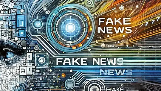 Abstract digital artwork illustrating the concept of fake news with mechanical and futuristic elements enveloping text reading "FAKE NEWS."
