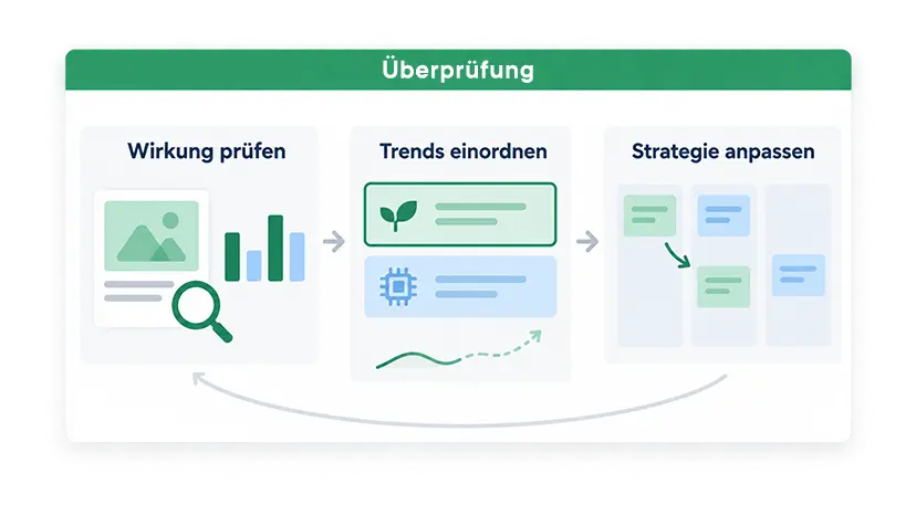 Diagramm mit drei Schritten: Wirkung prüfen, Trends einordnen, Strategie anpassen für PR- und Kommunikationsprofessionals.