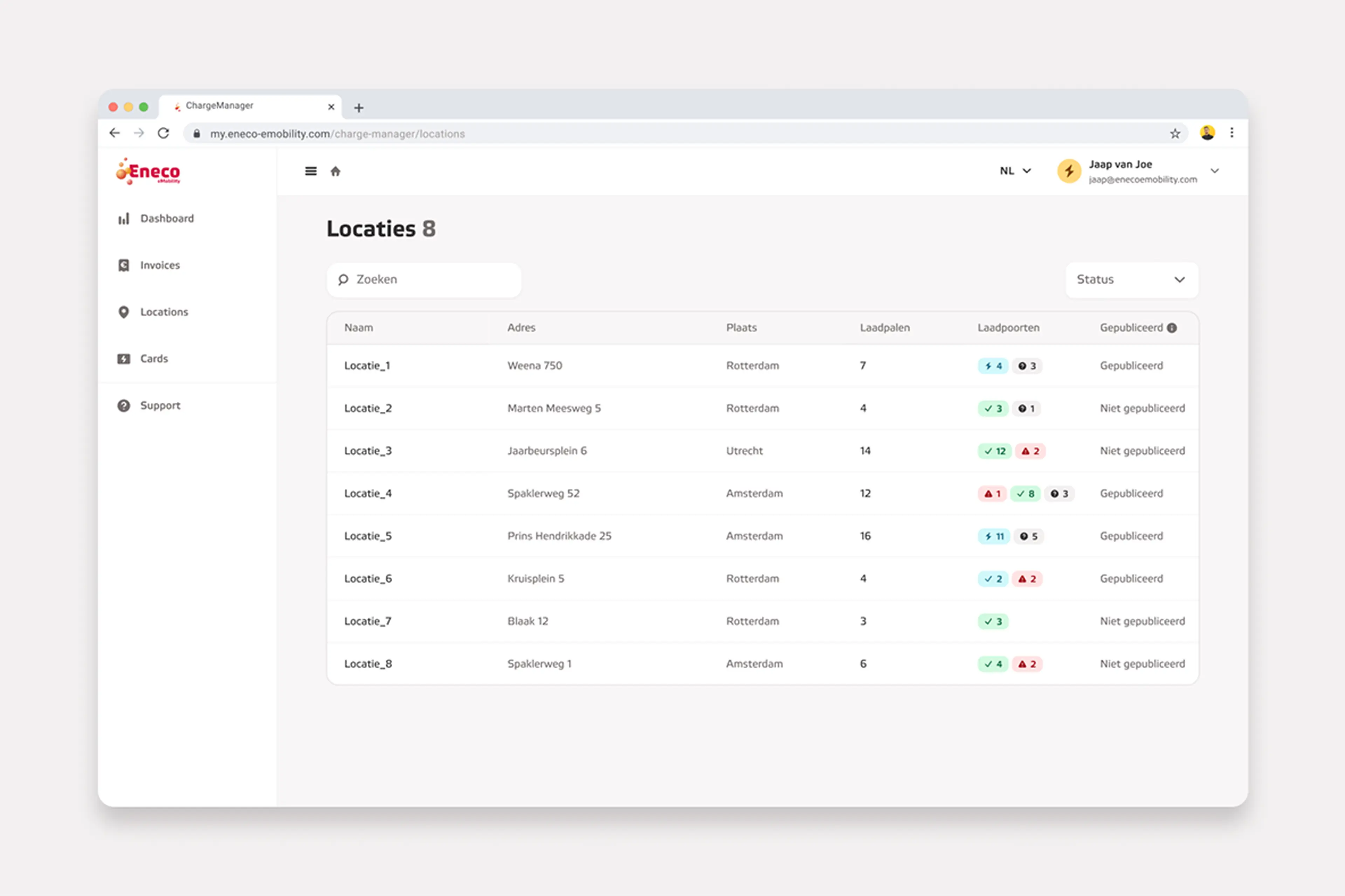 Overzicht van laadlocaties in Chargemanager