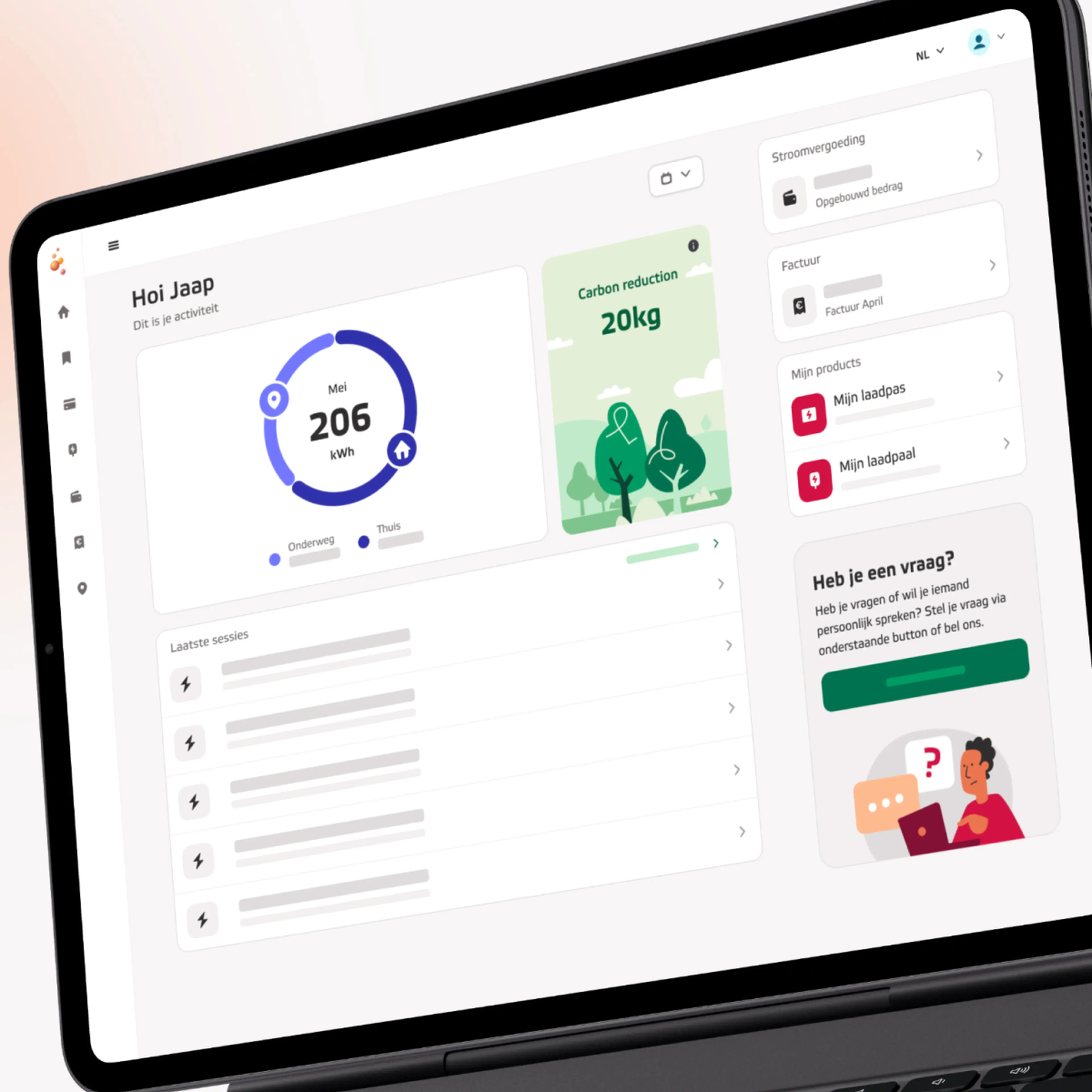 Het My Eneco eMobility dashboard op een tablet